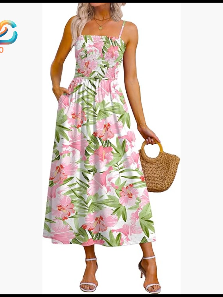 Spaghetti Strap Maxi Dress With Pockets, Smocked, Boho Beach Casual